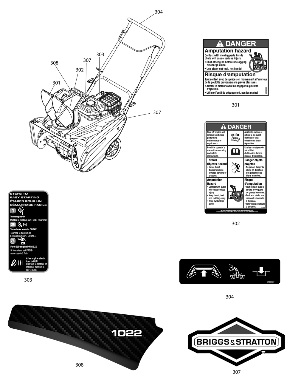 Decals Group Diagram and Parts List for 1697116-01-622 2019 Briggs and Stratton Snow Blower